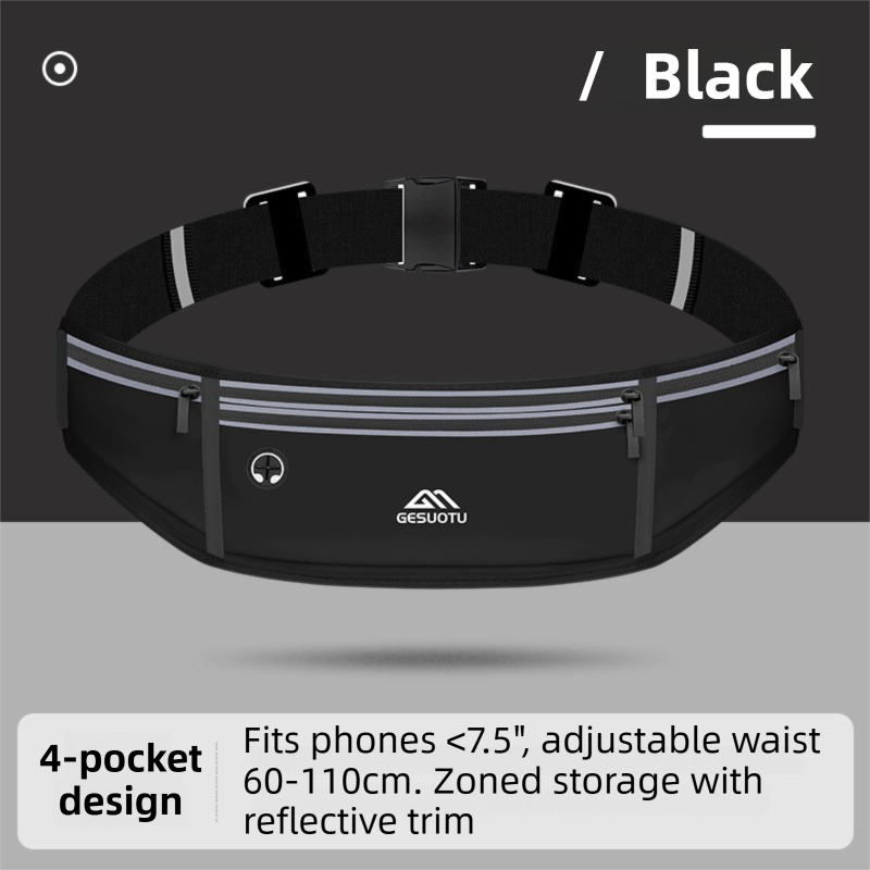 Black Breathable & Waterproof Lycra Running Waist Bag for 7.5" Phone â€“ Lightweight No Bounce Reflective Fitness Belt with 4 Zipper Pockets, Earphone Hole and Adjustable Strap for Men and Women