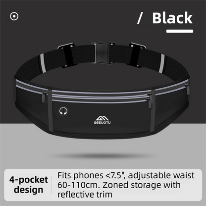 Black Breathable & Waterproof Lycra Running Waist Bag for 7.5" Phone â€“ Lightweight No Bounce Reflective Fitness Belt with 4 Zipper Pockets, Earphone Hole and Adjustable Strap for Men and Women