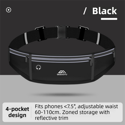 Black Breathable & Waterproof Lycra Running Waist Bag for 7.5" Phone â€“ Lightweight No Bounce Reflective Fitness Belt with 4 Zipper Pockets, Earphone Hole and Adjustable Strap for Men and Women