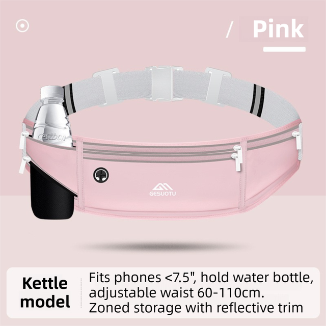 Pink Breathable & Waterproof Lycra Running Waist Bag for Kettle & 7.5" Phone â€“ Lightweight No Bounce Reflective Fitness Belt with 4-Zoned Storage, Earphone Hole and Adjustable Strap for Men and Women