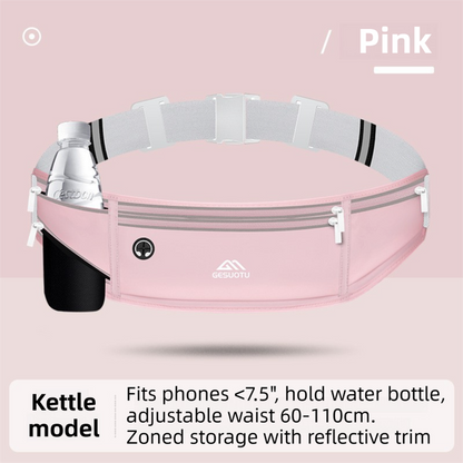 Pink Breathable & Waterproof Lycra Running Waist Bag for Kettle & 7.5" Phone â€“ Lightweight No Bounce Reflective Fitness Belt with 4-Zoned Storage, Earphone Hole and Adjustable Strap for Men and Women