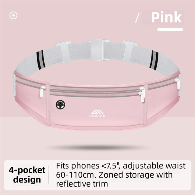 Pink Breathable & Waterproof Lycra Running Waist Bag for 7.5" Phone â€“ Lightweight No Bounce Reflective Fitness Belt with 4 Zipper Pockets, Earphone Hole and Adjustable Strap for Men and Women