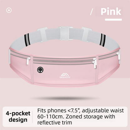 Pink Breathable & Waterproof Lycra Running Waist Bag for 7.5" Phone â€“ Lightweight No Bounce Reflective Fitness Belt with 4 Zipper Pockets, Earphone Hole and Adjustable Strap for Men and Women