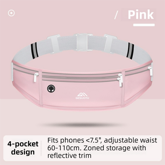 Pink Breathable & Waterproof Lycra Running Waist Bag for 7.5" Phone â€“ Lightweight No Bounce Reflective Fitness Belt with 4 Zipper Pockets, Earphone Hole and Adjustable Strap for Men and Women