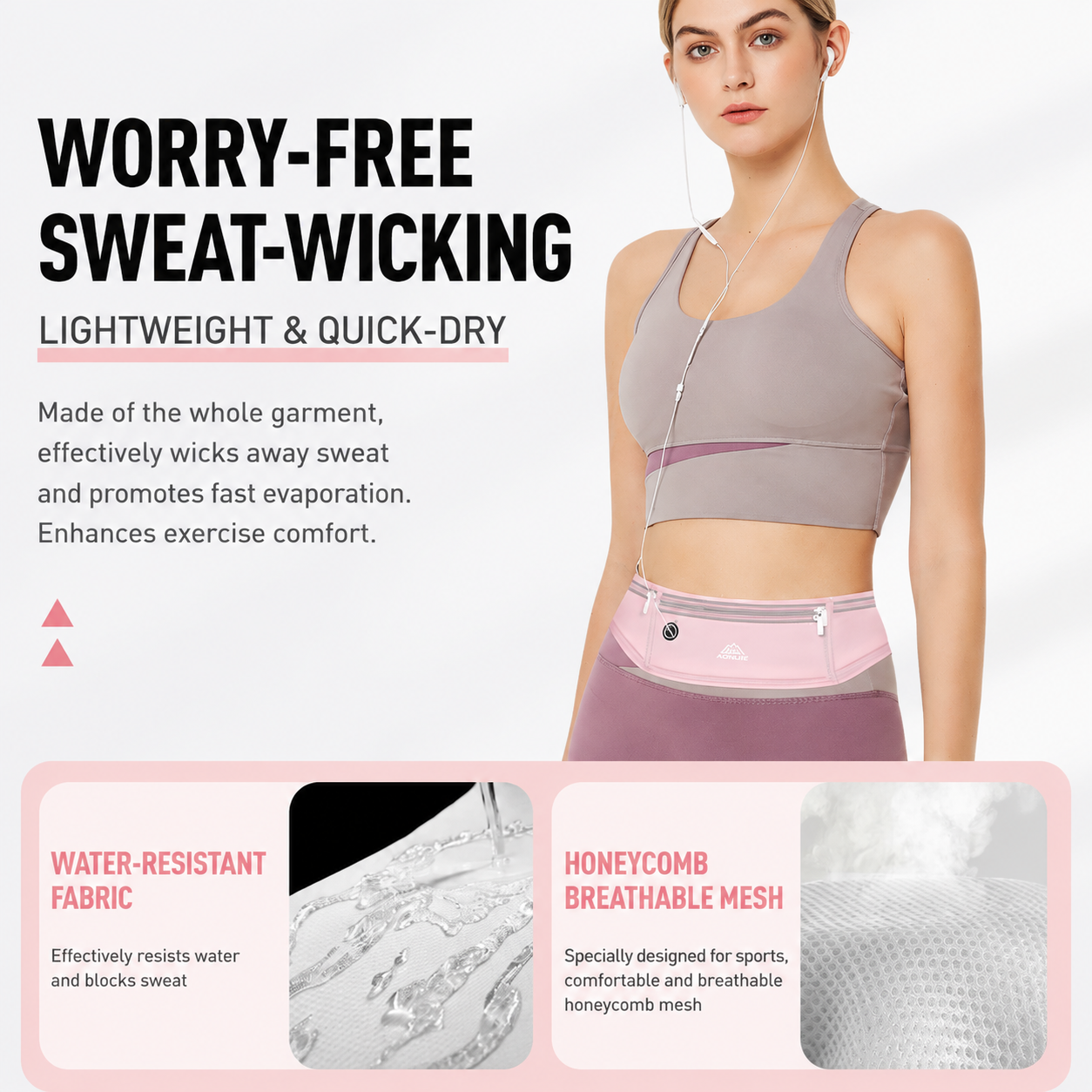 Pink Breathable & Waterproof Lycra Running Waist Bag for 7.5" Phone â€“ Lightweight No Bounce Reflective Fitness Belt with 4 Zipper Pockets, Earphone Hole and Adjustable Strap for Men and Women