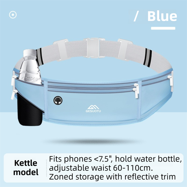 Blue Breathable & Waterproof Lycra Running Waist Bag for Kettle & 7.5" Phone â€“ Lightweight No Bounce Reflective Fitness Belt with 4-Zoned Storage, Earphone Hole and Adjustable Strap for Men and Women