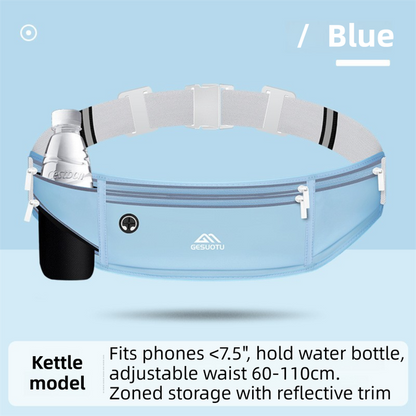 Blue Breathable & Waterproof Lycra Running Waist Bag for Kettle & 7.5" Phone â€“ Lightweight No Bounce Reflective Fitness Belt with 4-Zoned Storage, Earphone Hole and Adjustable Strap for Men and Women
