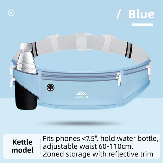 Blue Breathable & Waterproof Lycra Running Waist Bag for Kettle & 7.5" Phone â€“ Lightweight No Bounce Reflective Fitness Belt with 4-Zoned Storage, Earphone Hole and Adjustable Strap for Men and Women