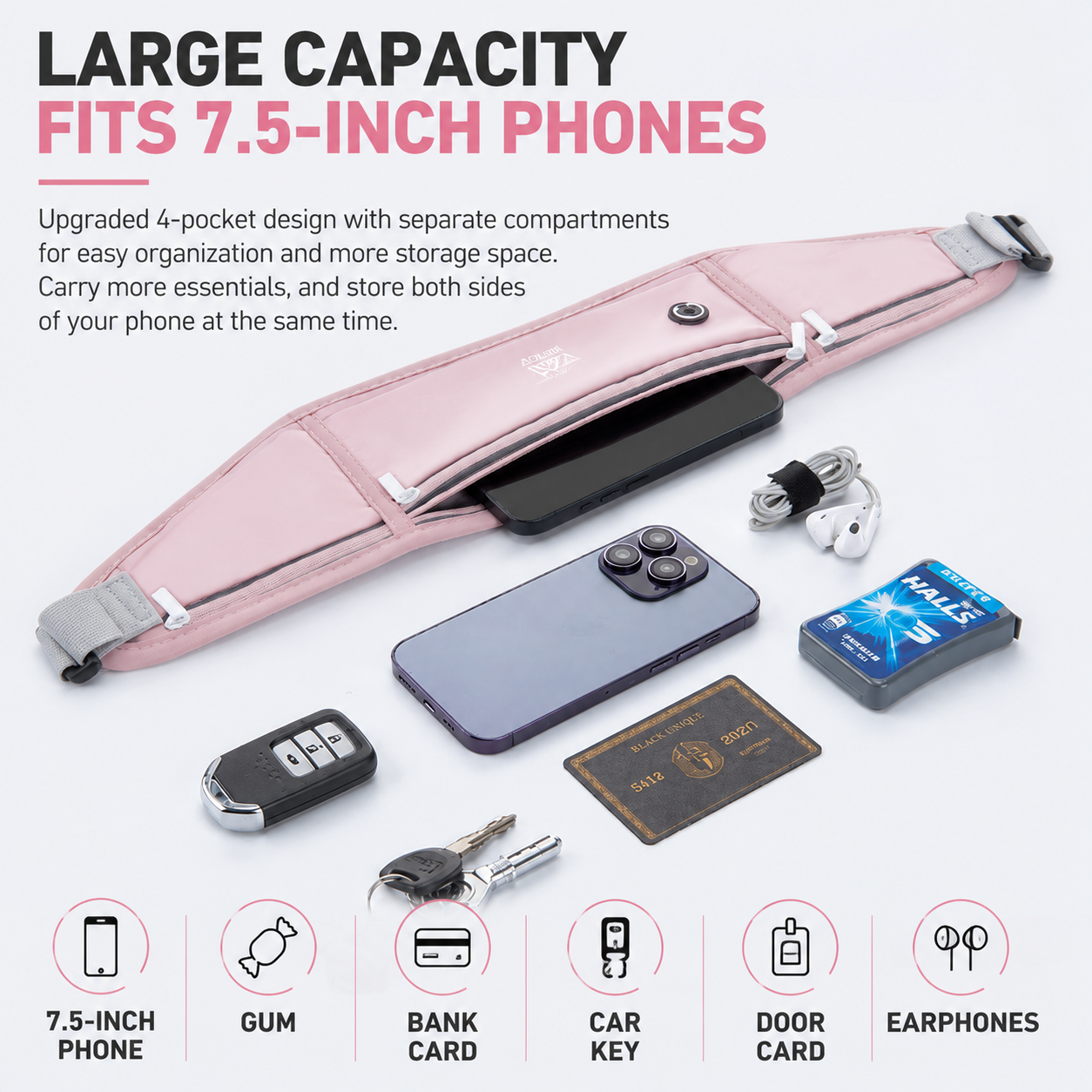 Blue Breathable & Waterproof Lycra Running Waist Bag for Kettle & 7.5" Phone â€“ Lightweight No Bounce Reflective Fitness Belt with 4-Zoned Storage, Earphone Hole and Adjustable Strap for Men and Women