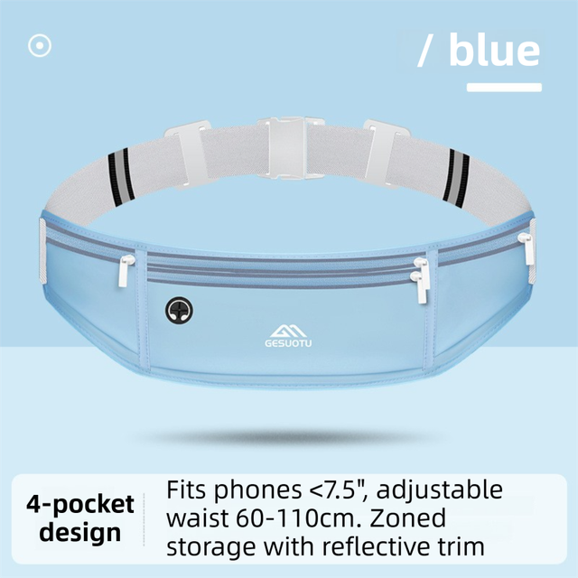 Blue Breathable & Waterproof Lycra Running Waist Bag for 7.5" Phone â€“ Lightweight No Bounce Reflective Fitness Belt with 4 Zipper Pockets, Earphone Hole and Adjustable Strap for Men and Women