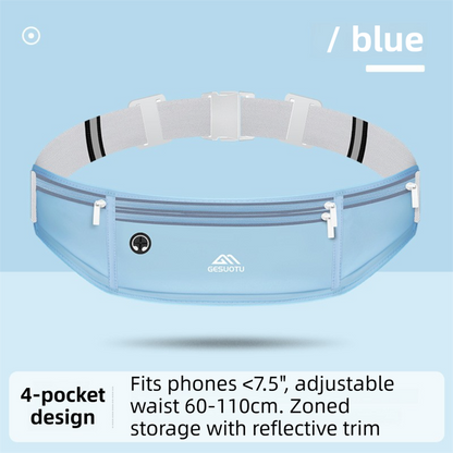 Blue Breathable & Waterproof Lycra Running Waist Bag for 7.5" Phone â€“ Lightweight No Bounce Reflective Fitness Belt with 4 Zipper Pockets, Earphone Hole and Adjustable Strap for Men and Women