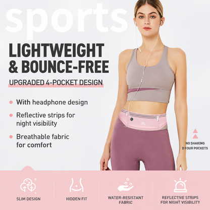 Blue Breathable & Waterproof Lycra Running Waist Bag for 7.5" Phone â€“ Lightweight No Bounce Reflective Fitness Belt with 4 Zipper Pockets, Earphone Hole and Adjustable Strap for Men and Women