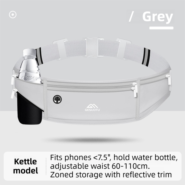 Grey Breathable & Waterproof Lycra Running Waist Bag for Kettle & 7.5" Phone â€“ Lightweight No Bounce Reflective Fitness Belt with 4-Zoned Storage, Earphone Hole and Adjustable Strap for Men and Women
