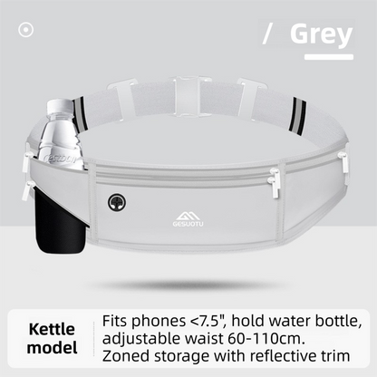 Grey Breathable & Waterproof Lycra Running Waist Bag for Kettle & 7.5" Phone â€“ Lightweight No Bounce Reflective Fitness Belt with 4-Zoned Storage, Earphone Hole and Adjustable Strap for Men and Women