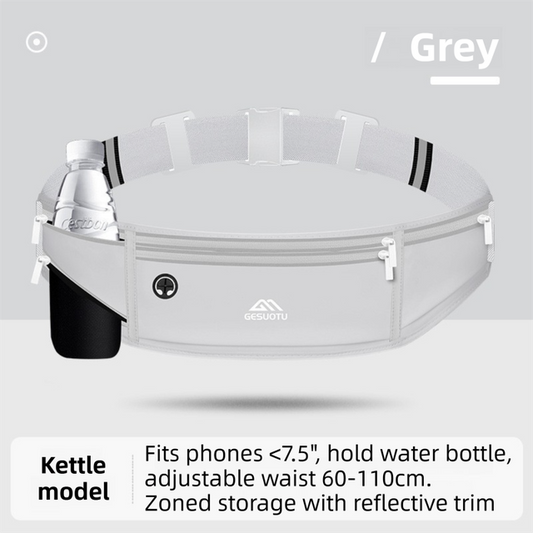 Grey Breathable & Waterproof Lycra Running Waist Bag for Kettle & 7.5" Phone â€“ Lightweight No Bounce Reflective Fitness Belt with 4-Zoned Storage, Earphone Hole and Adjustable Strap for Men and Women
