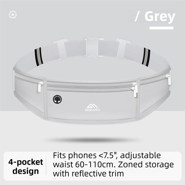 Grey Breathable & Waterproof Lycra Running Waist Bag for 7.5" Phone â€“ Lightweight No Bounce Reflective Fitness Belt with 4 Zipper Pockets, Earphone Hole and Adjustable Strap for Men and Women