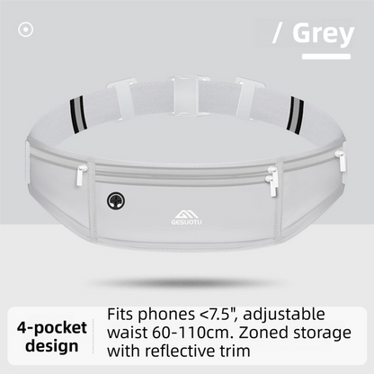 Grey Breathable & Waterproof Lycra Running Waist Bag for 7.5" Phone â€“ Lightweight No Bounce Reflective Fitness Belt with 4 Zipper Pockets, Earphone Hole and Adjustable Strap for Men and Women