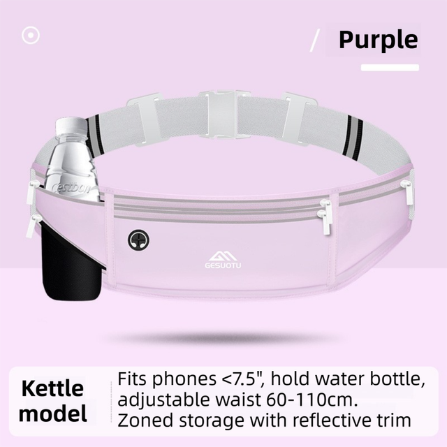 Purple Breathable & Waterproof Lycra Running Waist Bag for Kettle & 7.5" Phone â€“ Lightweight No Bounce Reflective Fitness Belt with 4-Zoned Storage, Earphone Hole and Adjustable Strap for Men and Women