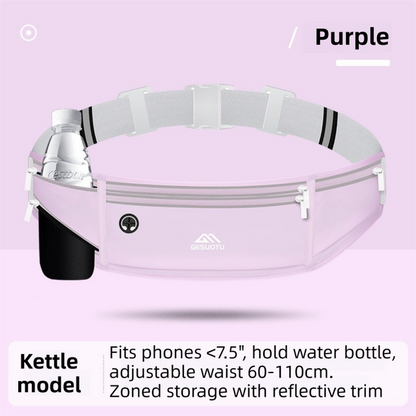 Purple Breathable & Waterproof Lycra Running Waist Bag for Kettle & 7.5" Phone â€“ Lightweight No Bounce Reflective Fitness Belt with 4-Zoned Storage, Earphone Hole and Adjustable Strap for Men and Women