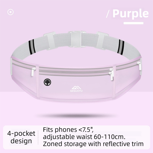 Purple Breathable & Waterproof Lycra Running Waist Bag for 7.5" Phone â€“ Lightweight No Bounce Reflective Fitness Belt with 4 Zipper Pockets, Earphone Hole and Adjustable Strap for Men and Women
