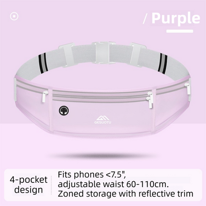 Purple Breathable & Waterproof Lycra Running Waist Bag for 7.5" Phone â€“ Lightweight No Bounce Reflective Fitness Belt with 4 Zipper Pockets, Earphone Hole and Adjustable Strap for Men and Women