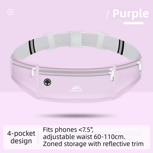 Purple Breathable & Waterproof Lycra Running Waist Bag for 7.5" Phone â€“ Lightweight No Bounce Reflective Fitness Belt with 4 Zipper Pockets, Earphone Hole and Adjustable Strap for Men and Women