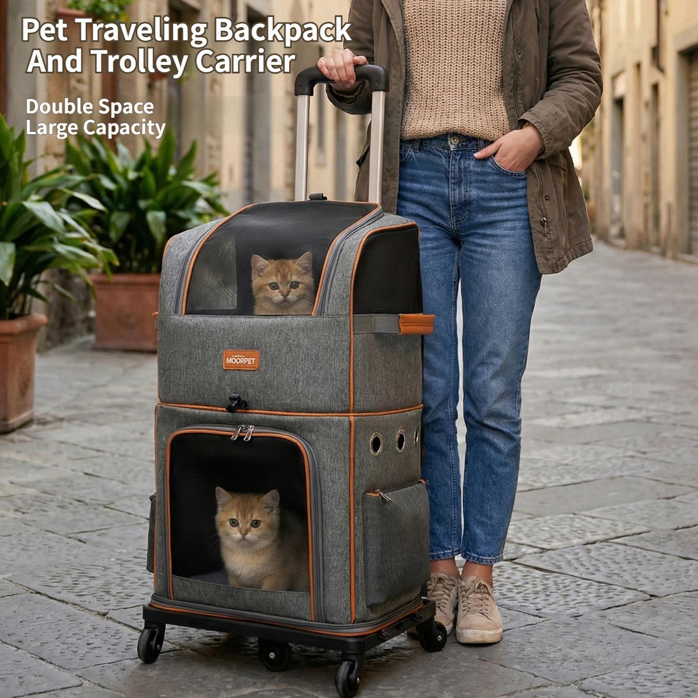 Grey Double Layer Pet Backpack and Trolley Carrier - Foldable Large Capacity Design, Breathable Mesh Window, Zipper Access, Fixing Attachment and Organised Side Storage for Travel and Vet Visits