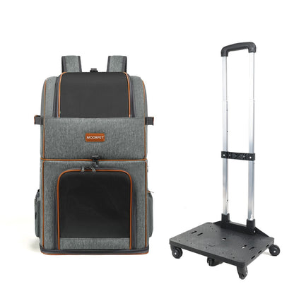 Grey Double Layer Pet Backpack and Trolley Carrier - Foldable Large Capacity Design, Breathable Mesh Window, Zipper Access, Fixing Attachment and Organised Side Storage for Travel and Vet Visits