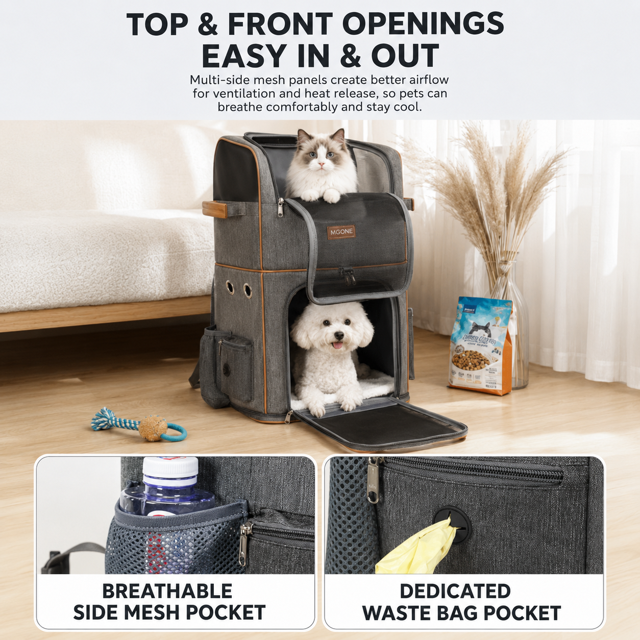 Grey Double Layer Pet Backpack and Trolley Carrier - Foldable Large Capacity Design, Breathable Mesh Window, Zipper Access, Fixing Attachment and Organised Side Storage for Travel and Vet Visits