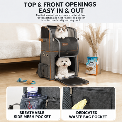 Grey Double Layer Pet Backpack and Trolley Carrier - Foldable Large Capacity Design, Breathable Mesh Window, Zipper Access, Fixing Attachment and Organised Side Storage for Travel and Vet Visits