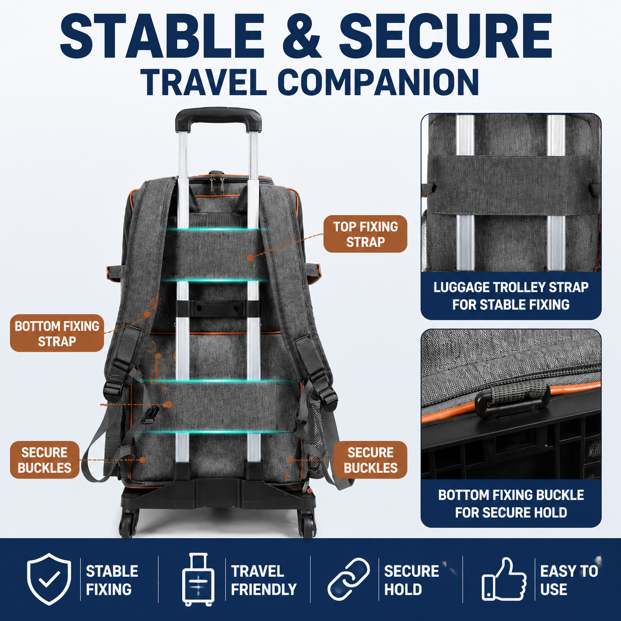 Grey Double Layer Pet Backpack and Trolley Carrier - Foldable Large Capacity Design, Breathable Mesh Window, Zipper Access, Fixing Attachment and Organised Side Storage for Travel and Vet Visits