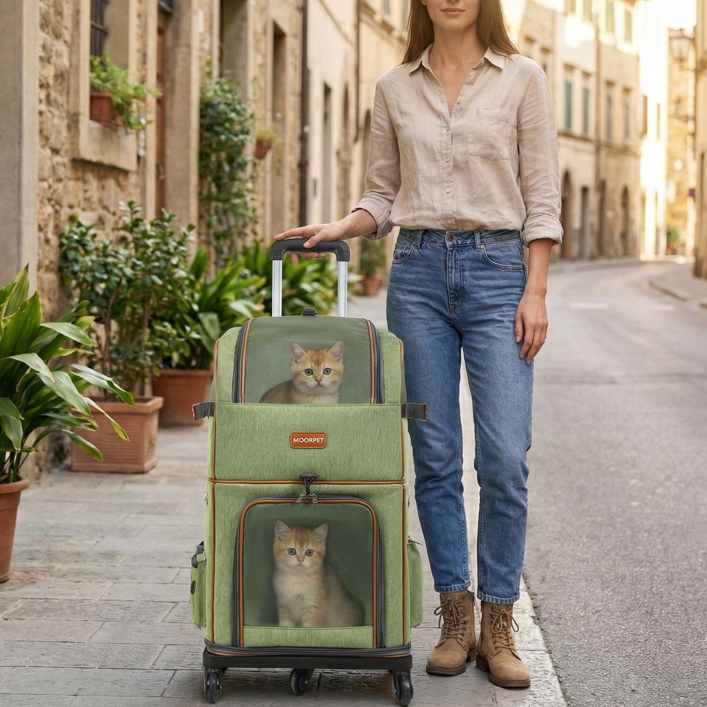 Green Double Layer Pet Backpack and Trolley Carrier - Foldable Large Capacity Design, Breathable Mesh Window, Zipper Access, Fixing Attachment and Organised Side Storage for Travel and Vet Visits