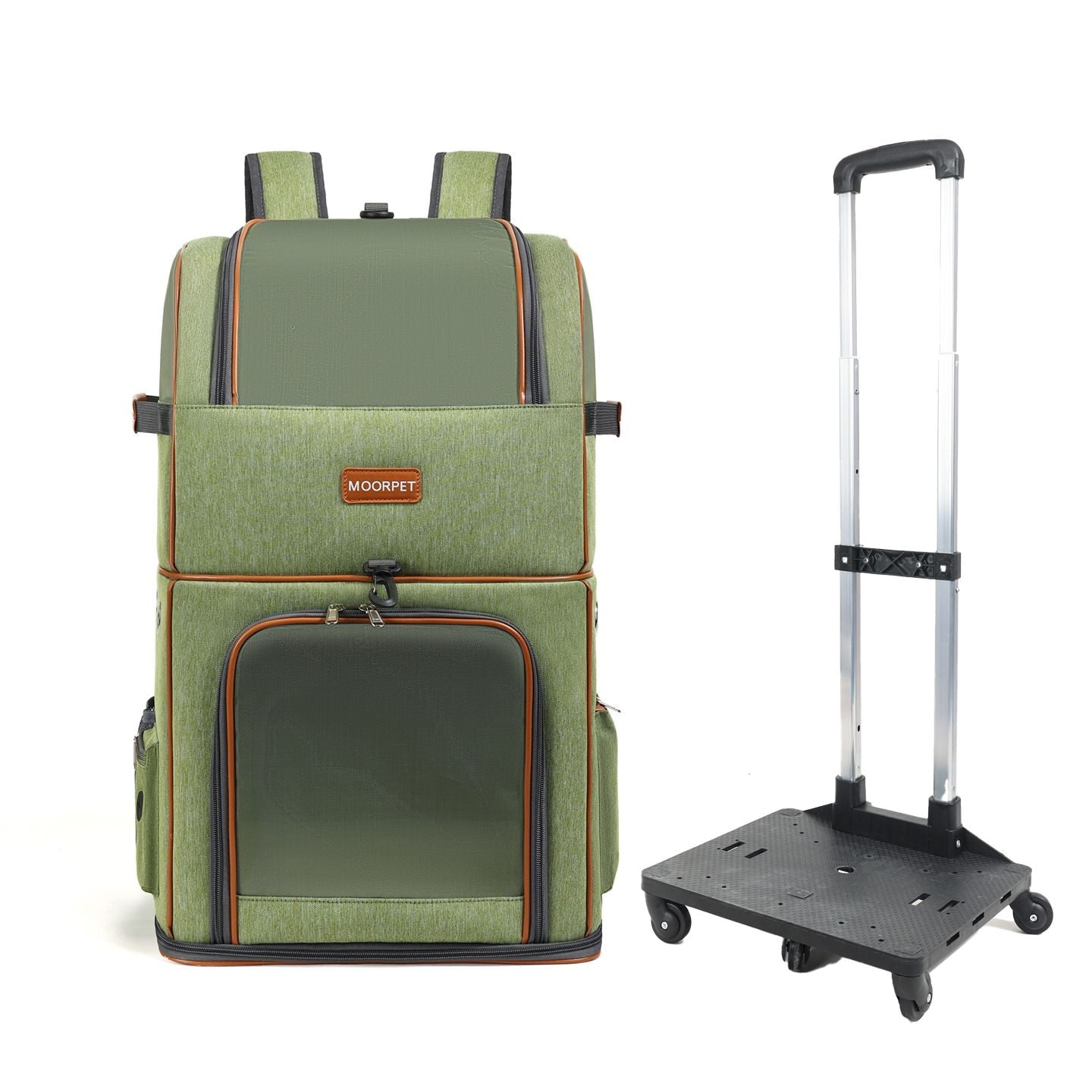 Green Double Layer Pet Backpack and Trolley Carrier - Foldable Large Capacity Design, Breathable Mesh Window, Zipper Access, Fixing Attachment and Organised Side Storage for Travel and Vet Visits