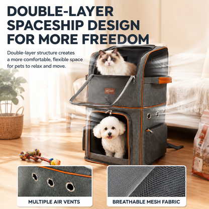 Green Double Layer Pet Backpack and Trolley Carrier - Foldable Large Capacity Design, Breathable Mesh Window, Zipper Access, Fixing Attachment and Organised Side Storage for Travel and Vet Visits