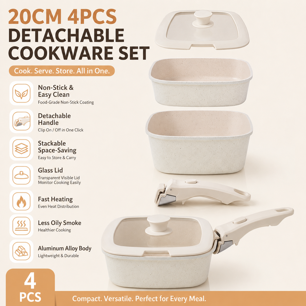 4 Piece Detachable Nonstick Aluminium Alloy Cookware Set (Dia 20CM) - Stackable Frying Pan and Saucepan with Silicone Glass Lid & Heat-Resistant Handle, Fast Heating and Easy Clean for Home and Travel