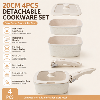 4 Piece Detachable Nonstick Aluminium Alloy Cookware Set (Dia 20CM) - Stackable Frying Pan and Saucepan with Silicone Glass Lid & Heat-Resistant Handle, Fast Heating and Easy Clean for Home and Travel