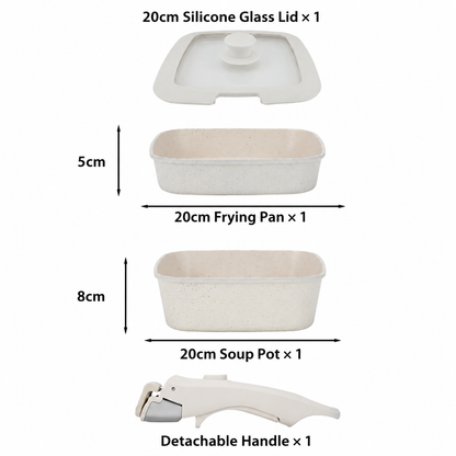 4 Piece Detachable Nonstick Aluminium Alloy Cookware Set (Dia 20CM) - Stackable Frying Pan and Saucepan with Silicone Glass Lid & Heat-Resistant Handle, Fast Heating and Easy Clean for Home and Travel