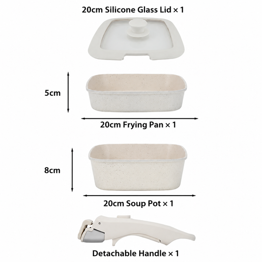 4 Piece Detachable Nonstick Aluminium Alloy Cookware Set (Dia 20CM) - Stackable Frying Pan and Saucepan with Silicone Glass Lid & Heat-Resistant Handle, Fast Heating and Easy Clean for Home and Travel
