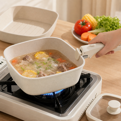 4 Piece Detachable Nonstick Aluminium Alloy Cookware Set (Dia 20CM) - Stackable Frying Pan and Saucepan with Silicone Glass Lid & Heat-Resistant Handle, Fast Heating and Easy Clean for Home and Travel