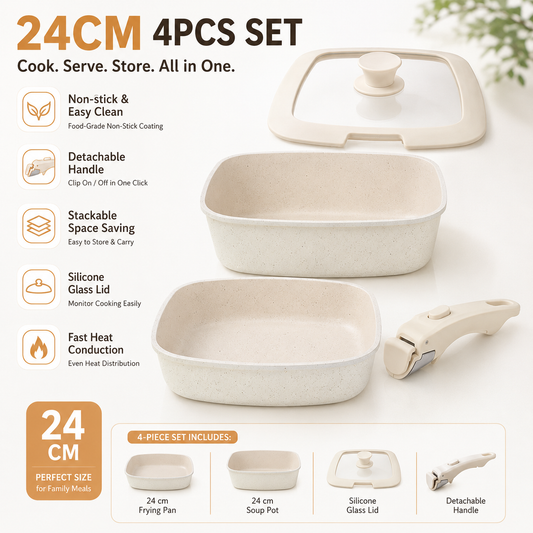 4 Piece Detachable Nonstick Aluminium Alloy Cookware Set (Dia 24CM) - Stackable Frying Pan and Saucepan with Silicone Glass Lid & Heat-Resistant Handle, Fast Heating and Easy Clean for Home and Travel