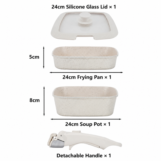 4 Piece Detachable Nonstick Aluminium Alloy Cookware Set (Dia 24CM) - Stackable Frying Pan and Saucepan with Silicone Glass Lid & Heat-Resistant Handle, Fast Heating and Easy Clean for Home and Travel