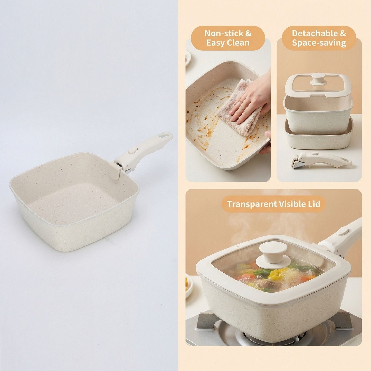4 Piece Detachable Nonstick Aluminium Alloy Cookware Set (Dia 24CM) - Stackable Frying Pan and Saucepan with Silicone Glass Lid & Heat-Resistant Handle, Fast Heating and Easy Clean for Home and Travel