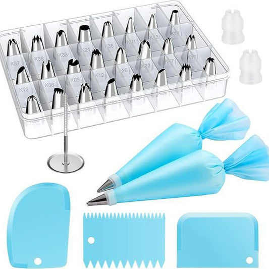 32-Piece Blue Cake Decorating Kit with 24 Numbered Icing Piping Tips, 2 Reusable Pastry Bags, 3 Icing Scrapers and Organised Storage Case for Frosting Cookie Cupcake