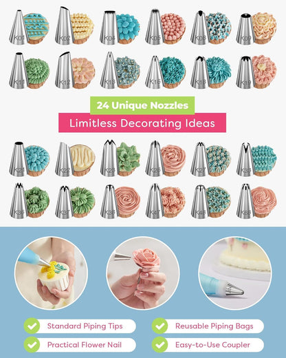 32-Piece Blue Cake Decorating Kit with 24 Numbered Icing Piping Tips, 2 Reusable Pastry Bags, 3 Icing Scrapers and Organised Storage Case for Frosting Cookie Cupcake
