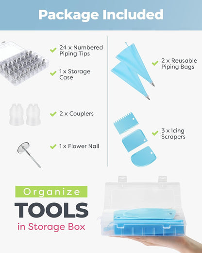 32-Piece Blue Cake Decorating Kit with 24 Numbered Icing Piping Tips, 2 Reusable Pastry Bags, 3 Icing Scrapers and Organised Storage Case for Frosting Cookie Cupcake