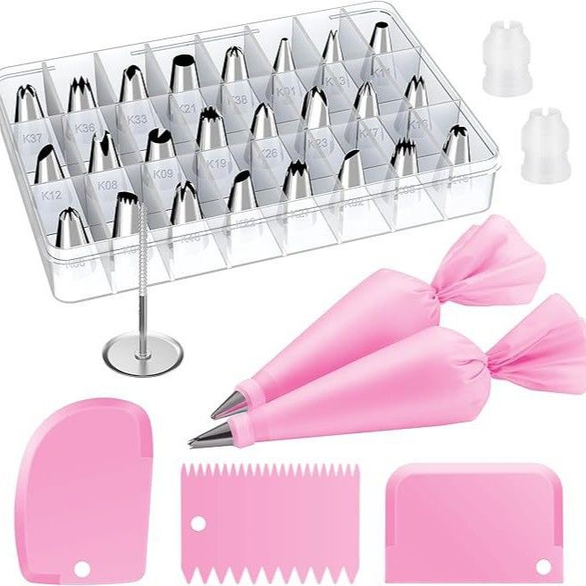 32-Piece Pink Cake Decorating Kit with 24 Numbered Icing Piping Tips, 2 Reusable Pastry Bags, 3 Icing Scrapers and Organised Storage Case for Frosting Cookie Cupcake