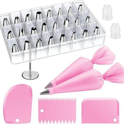 32-Piece Pink Cake Decorating Kit with 24 Numbered Icing Piping Tips, 2 Reusable Pastry Bags, 3 Icing Scrapers and Organised Storage Case for Frosting Cookie Cupcake