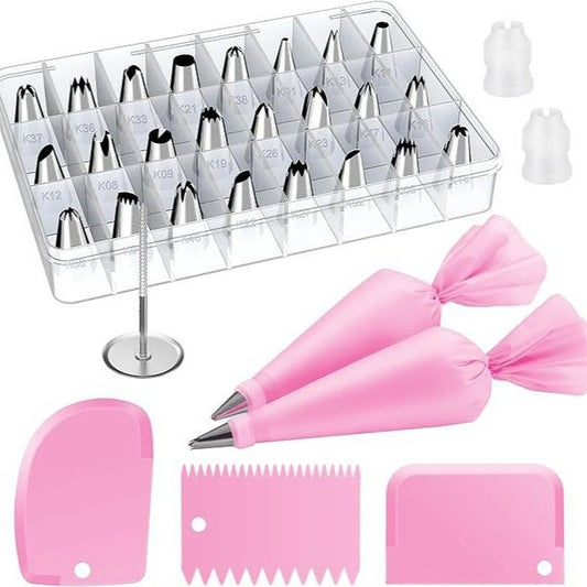 32-Piece Pink Cake Decorating Kit with 24 Numbered Icing Piping Tips, 2 Reusable Pastry Bags, 3 Icing Scrapers and Organised Storage Case for Frosting Cookie Cupcake