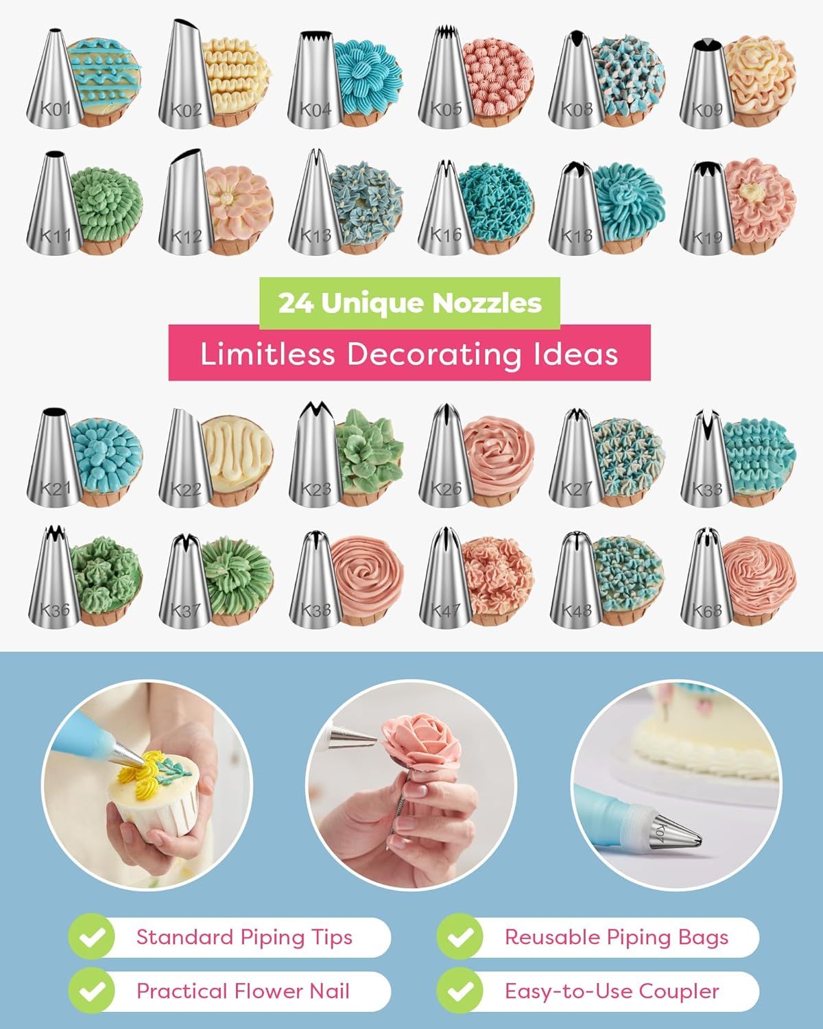32-Piece Pink Cake Decorating Kit with 24 Numbered Icing Piping Tips, 2 Reusable Pastry Bags, 3 Icing Scrapers and Organised Storage Case for Frosting Cookie Cupcake