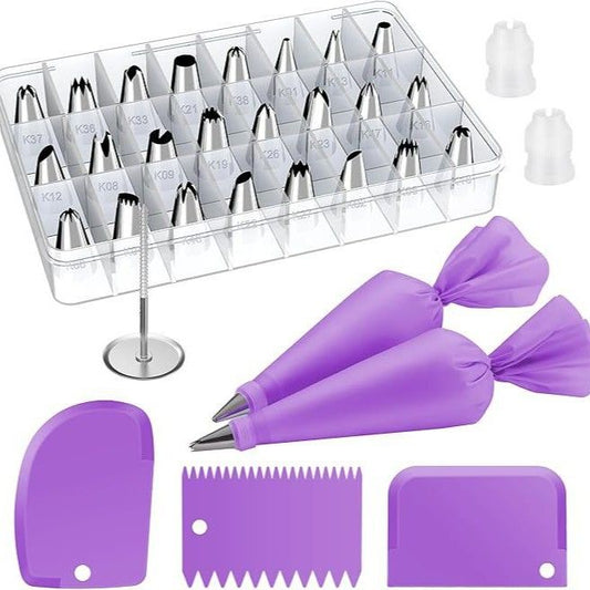 32-Piece Purple Cake Decorating Kit with 24 Numbered Icing Piping Tips, 2 Reusable Pastry Bags, 3 Icing Scrapers and Organised Storage Case for Frosting Cookie Cupcake